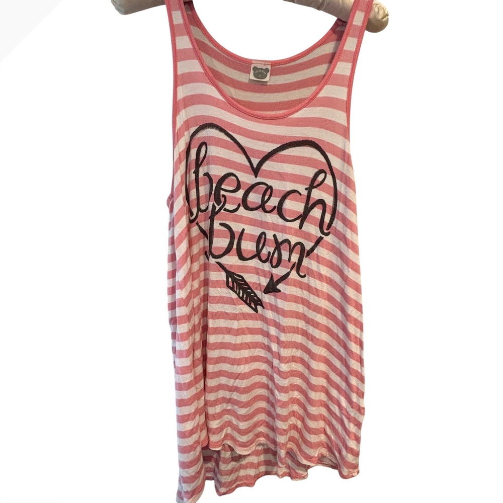 Color Bear Pink White Striped Beach Bum Heart Graphic Tank Top Womens Large
